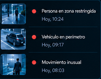 Lista de alertas sobre una persona, un vehículo y un movimiento inusual