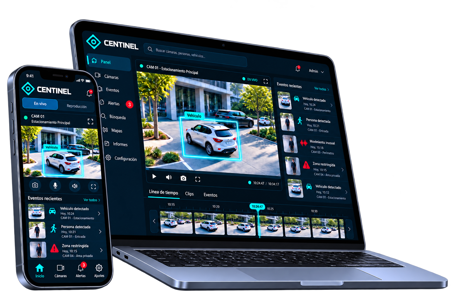 CENTINEL en computadora y celular con detección de vehículos, personas y alertas de zonas restringidas